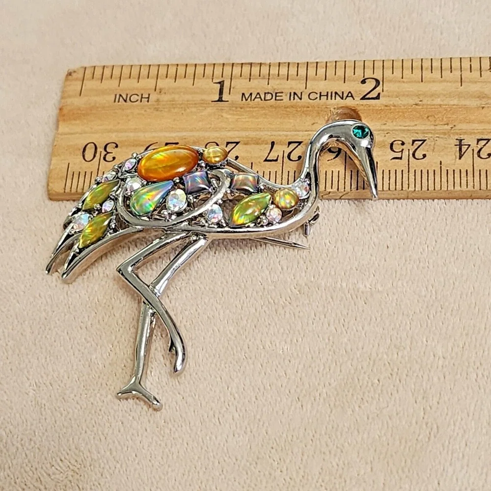 Vintage Silver Multi Color Flamingo Brooch
